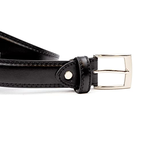 Woodland Leathers Men's Leather Lined Belt, Classic Black And White Belts For Men, 1" Wide Mens Trouser Belt with silver buckle and adjustable belt size (Black, Waist size 44"-47")