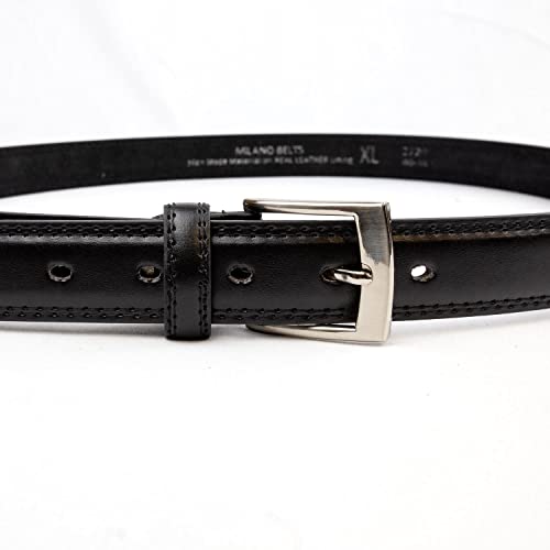 Woodland Leathers Men's Leather Lined Belt, Classic Black And White Belts For Men, 1" Wide Mens Trouser Belt with silver buckle and adjustable belt size (Black, Waist size 44"-47")