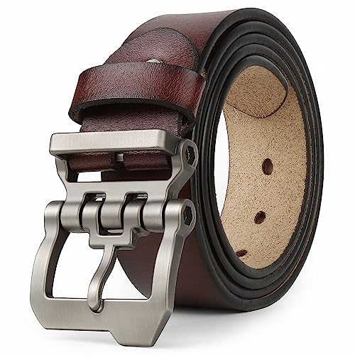 JingHao Belts for Men,Casual Mens Belt Leather for Jeans,Cowboy,Black Genuine Leather Belt,Plus Size 28"-64" Width 1.45" Brown(L 34"-36" Length 115cm, Coffee)