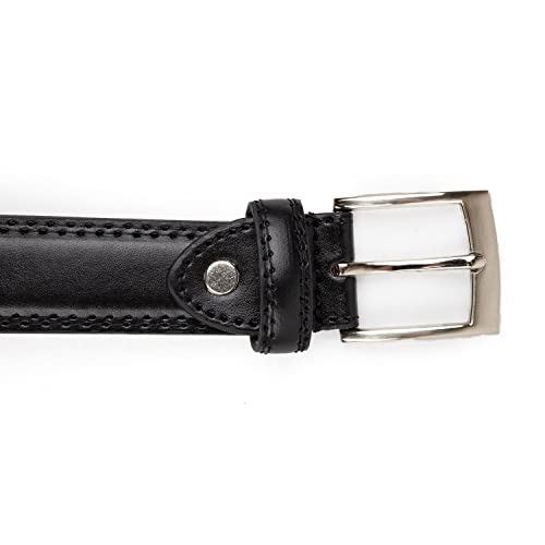 Woodland Leathers Men's Leather Lined Belt, Classic Black And White Belts For Men, 1" Wide Mens Trouser Belt with silver buckle and adjustable belt size (Black, Waist size 44"-47")