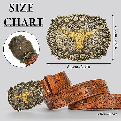 KorhLeoh Western Leather Cowboy Buckle Belt for Men Women Jeans Engraved Floral Longhorn Bull Texas Buckle Belt (33-41" waist)