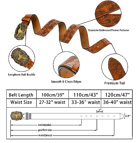 KorhLeoh Western Leather Cowboy Buckle Belt for Men Women Jeans Engraved Floral Longhorn Bull Texas Buckle Belt (33-41" waist)