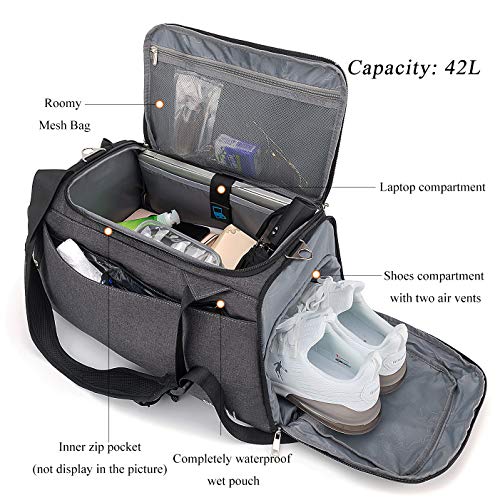 Sports Duffle Bag with Shoes Compartment and Wet Pocket, 42L Waterproof Gym Bag for Men and Women, Durable Travel Duffel Bag with Shoulder Strap and Combination Lock