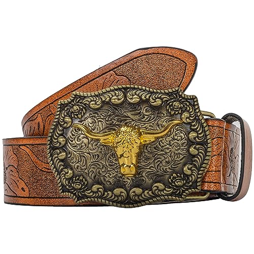 KorhLeoh Western Leather Cowboy Buckle Belt for Men Women Jeans Engraved Floral Longhorn Bull Texas Buckle Belt (33-41" waist)