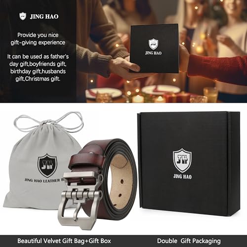 JingHao Belts for Men,Casual Mens Belt Leather for Jeans,Cowboy,Black Genuine Leather Belt,Plus Size 28"-64" Width 1.45" Brown(L 34"-36" Length 115cm, Coffee)