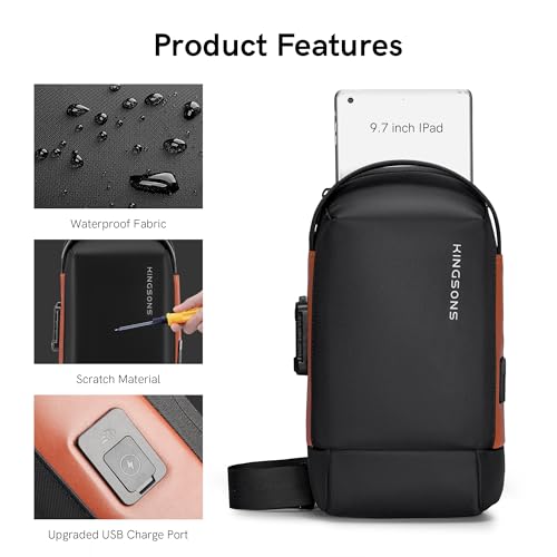 Kingsons Crossbody Bag Sling Backpack - Mini Travel Sling Man Bag with Charging Port, Small Chest Shoulder Side Backpack for Traveling, Leisure, Commuting,Fit for 9.7" ipad