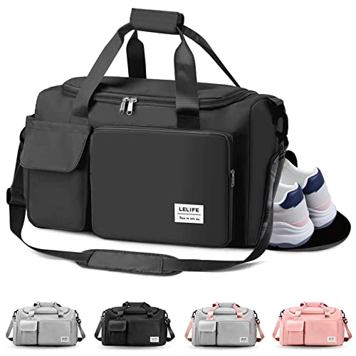 Gym Bag, Travel Bag with Wet Pocket, Portable Overnight Bags for Women, Waterproof Lightweight Holdall Bags for Men, Weekender, Vacation(Black)