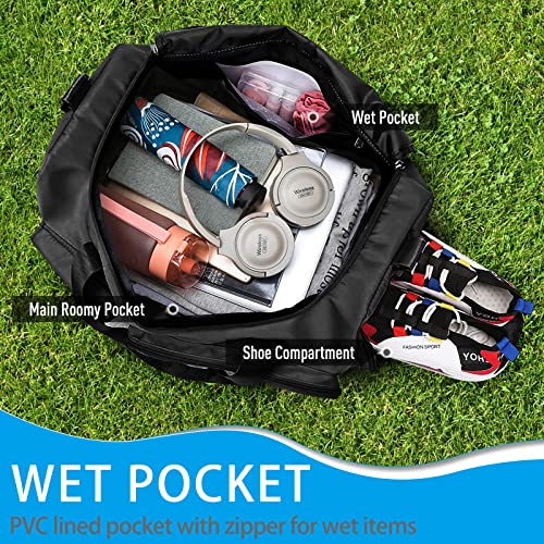 Gym Bag, Travel Bag with Wet Pocket, Portable Overnight Bags for Women, Waterproof Lightweight Holdall Bags for Men, Weekender, Vacation(Black)