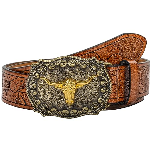 KorhLeoh Western Leather Cowboy Buckle Belt for Men Women Jeans Engraved Floral Longhorn Bull Texas Buckle Belt (33-41" waist)