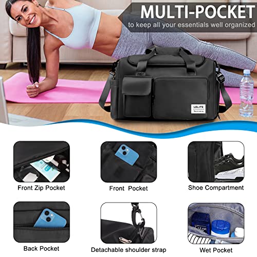 Gym Bag, Travel Bag with Wet Pocket, Portable Overnight Bags for Women, Waterproof Lightweight Holdall Bags for Men, Weekender, Vacation(Black)