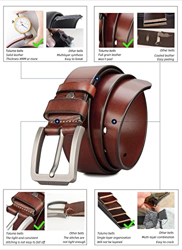 Tolumo Mens Belt Thick Full Grain Leather Belts 1.5" Wide Great for Casual Jeans Dress Work, Adjustable Classic Belt Trim to Fit 658 Brown 105cm