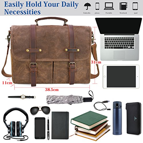 NEWHEY Mens Laptop Shoulder Canvas Messenger Bag Waterproof Computer Briefcase Notebook Vintage Satchel Designer School Work Bags Brown 15.6 Leather