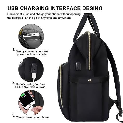 VSNOON Laptop Backpack for Women,15.6 Inch Stylish Rucksack Wide Open for College School with USB Charging Port, Water Resistant Travel Business Work Bag Computer Bookbag for Men, Black