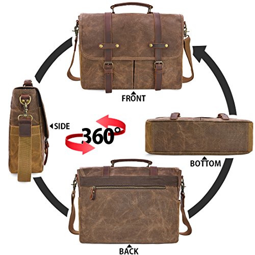 NEWHEY Mens Laptop Shoulder Canvas Messenger Bag Waterproof Computer Briefcase Notebook Vintage Satchel Designer School Work Bags Brown 15.6 Leather