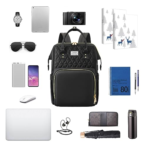 VSNOON Laptop Backpack for Women,15.6 Inch Stylish Rucksack Wide Open for College School with USB Charging Port, Water Resistant Travel Business Work Bag Computer Bookbag for Men, Black