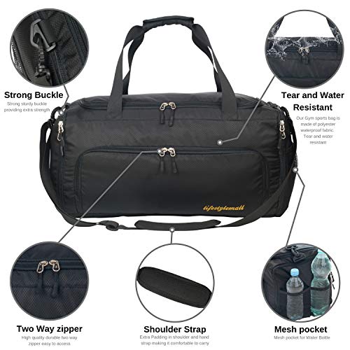 Gym Bag - 40L - Foldable - Gym Bag Mens - Gym Bag Womens - Sports Bag - Gym Bag with Shoe Compartment - Wet Pocket – Waterproof - Duffle Bag – Travel Bag - Airport (Black Foldable)
