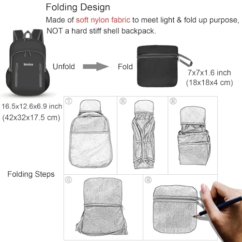 Bekahizar 20L Ultra Lightweight Backpack Foldable Hiking Daypack Rucksack Water Resistant Travel Day Bag for Men Women Kids Outdoor Camping Mountaineering Walking Cycling Climbing (Black)