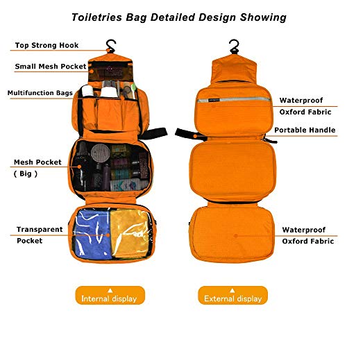 Hanging Toiletry Bag Waterproof, Jiemei Travel Wash Bag for Men & Women with 4 Compartments, Foldable Compact Size, Super Durable Fabric
