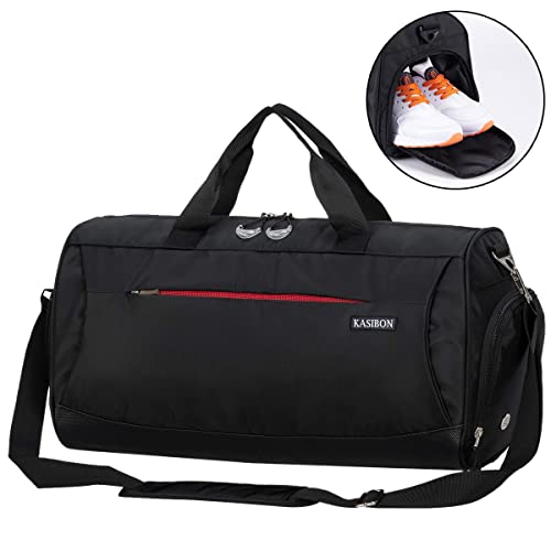 KASIBON Sports Gym Bag with Shoes Compartment and Wet Pocket, Travel Duffle Bag for Men and Women (Black), 20 * 10.5* 10 inches