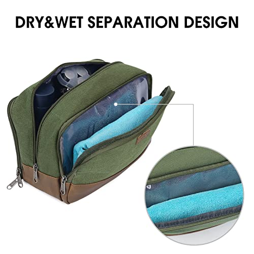 WANDF Travel Toiletry Bag for Men Hanging Dopp Kit Canvas Toiletry Organizer Water-Resistant Vegan Leather Shaving Bag for Toiletries Accessories (Green)