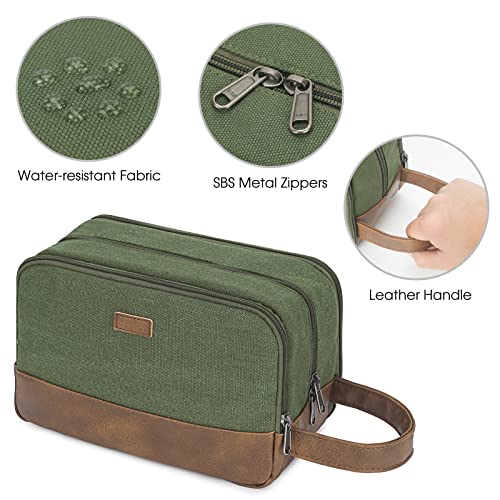 WANDF Travel Toiletry Bag for Men Hanging Dopp Kit Canvas Toiletry Organizer Water-Resistant Vegan Leather Shaving Bag for Toiletries Accessories (Green)