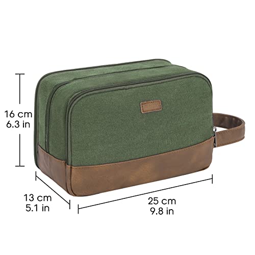 WANDF Travel Toiletry Bag for Men Hanging Dopp Kit Canvas Toiletry Organizer Water-Resistant Vegan Leather Shaving Bag for Toiletries Accessories (Green)