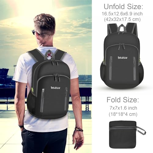 Bekahizar 20L Ultra Lightweight Backpack Foldable Hiking Daypack Rucksack Water Resistant Travel Day Bag for Men Women Kids Outdoor Camping Mountaineering Walking Cycling Climbing (Black)