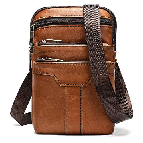 Cell Phone Shoulder Bag for Men, Leather Phone Waist Belt Bag Brown, 6.7" Vertical Multiple Pockets Leather Cellphone Case Belt Pouch Holder Crossbody Holster Hip Bum Bag with Carabiner and Belt Loop