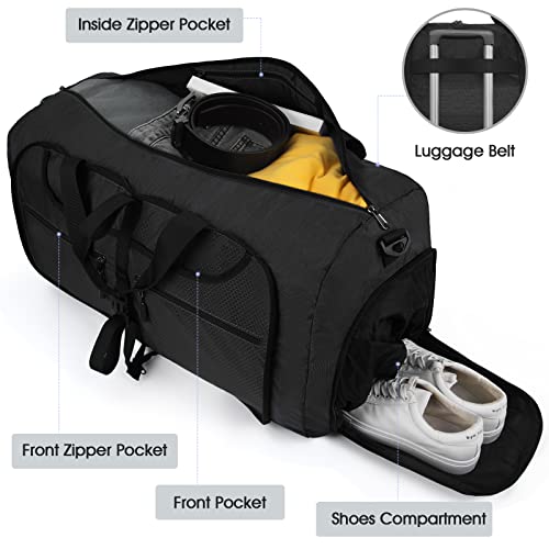 Lubardy Travel Duffle Bag for Men Sports Bag Foldable Weekend Overnight Bag Women Water Resistant Holdall Bag with Toiletry Bags Black 65L