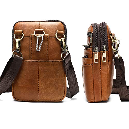 Cell Phone Shoulder Bag for Men, Leather Phone Waist Belt Bag Brown, 6.7" Vertical Multiple Pockets Leather Cellphone Case Belt Pouch Holder Crossbody Holster Hip Bum Bag with Carabiner and Belt Loop