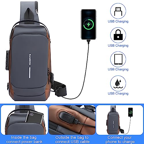 icyant Anti Theft Sling Bag, Waterproof USB Charging Sport Sling Anti-Theft Shoulder Bag Mens Sling Bag Crossbody Shoulder Chest Bag with USB Charger Port Password for Men Sling Backpack