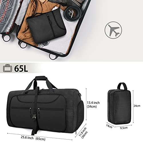Lubardy Travel Duffle Bag for Men Sports Bag Foldable Weekend Overnight Bag Women Water Resistant Holdall Bag with Toiletry Bags Black 65L