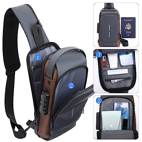 icyant Anti Theft Sling Bag, Waterproof USB Charging Sport Sling Anti-Theft Shoulder Bag Mens Sling Bag Crossbody Shoulder Chest Bag with USB Charger Port Password for Men Sling Backpack