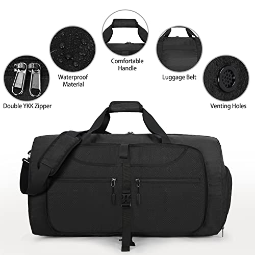 Lubardy Travel Duffle Bag for Men Sports Bag Foldable Weekend Overnight Bag Women Water Resistant Holdall Bag with Toiletry Bags Black 65L