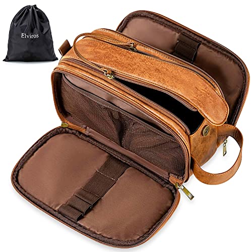 Mens Leather Toiletry Bag Water-Resistant Travel Wash Bag Large Bathroom Gym Toiletries Organizer with Free Wet Dry Bag (Brown)