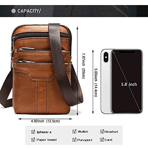 Cell Phone Shoulder Bag for Men, Leather Phone Waist Belt Bag Brown, 6.7" Vertical Multiple Pockets Leather Cellphone Case Belt Pouch Holder Crossbody Holster Hip Bum Bag with Carabiner and Belt Loop