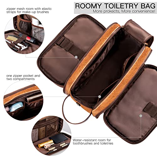 Mens Leather Toiletry Bag Water-Resistant Travel Wash Bag Large Bathroom Gym Toiletries Organizer with Free Wet Dry Bag (Brown)