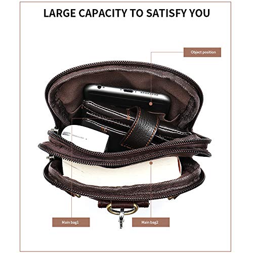 Cell Phone Shoulder Bag for Men, Leather Phone Waist Belt Bag Brown, 6.7" Vertical Multiple Pockets Leather Cellphone Case Belt Pouch Holder Crossbody Holster Hip Bum Bag with Carabiner and Belt Loop