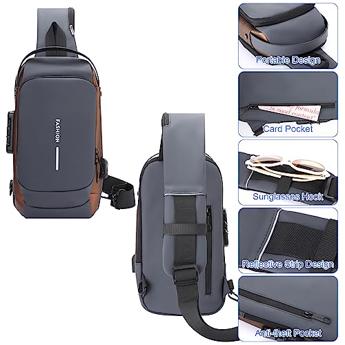 icyant Anti Theft Sling Bag, Waterproof USB Charging Sport Sling Anti-Theft Shoulder Bag Mens Sling Bag Crossbody Shoulder Chest Bag with USB Charger Port Password for Men Sling Backpack