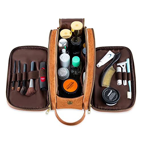 Mens Leather Toiletry Bag Water-Resistant Travel Wash Bag Large Bathroom Gym Toiletries Organizer with Free Wet Dry Bag (Brown)