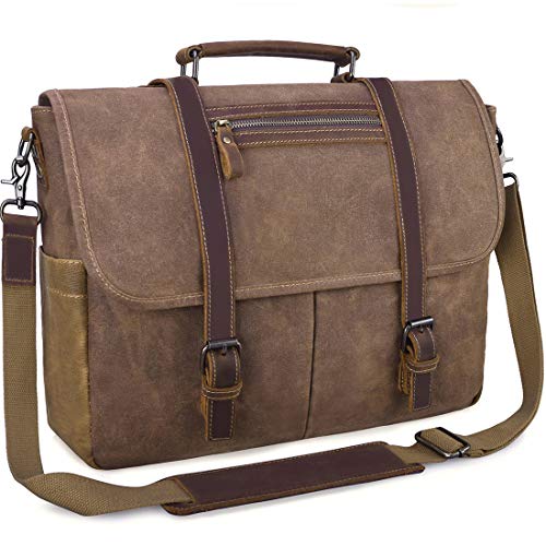 NUBILY Mens Laptop Messenger Bag Waterproof Computer Leather Satchel Briefcases Vintage Canvas Shoulder Bag Large Work Bag 15.6 inch (Brown)