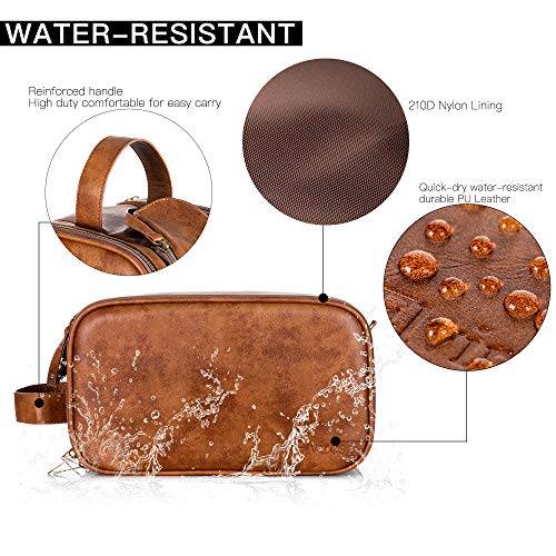 Mens Leather Toiletry Bag Water-Resistant Travel Wash Bag Large Bathroom Gym Toiletries Organizer with Free Wet Dry Bag (Brown)