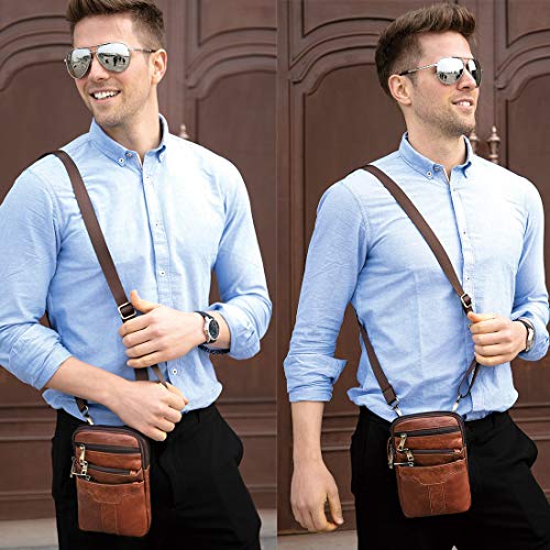 Cell Phone Shoulder Bag for Men, Leather Phone Waist Belt Bag Brown, 6.7" Vertical Multiple Pockets Leather Cellphone Case Belt Pouch Holder Crossbody Holster Hip Bum Bag with Carabiner and Belt Loop
