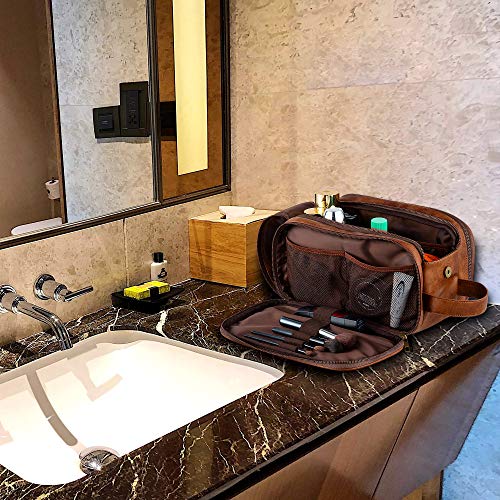 Mens Leather Toiletry Bag Water-Resistant Travel Wash Bag Large Bathroom Gym Toiletries Organizer with Free Wet Dry Bag (Brown)