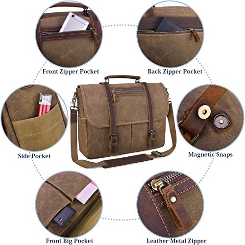 NUBILY Mens Laptop Messenger Bag Waterproof Computer Leather Satchel Briefcases Vintage Canvas Shoulder Bag Large Work Bag 15.6 inch (Brown)