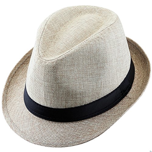 KYEYGWO Panama Fedora Hats for Men Woman, Braid Straw Short Brim Jazz Cap Trilby Hat, Beige