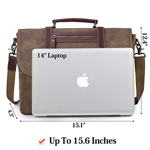 NUBILY Mens Laptop Messenger Bag Waterproof Computer Leather Satchel Briefcases Vintage Canvas Shoulder Bag Large Work Bag 15.6 inch (Brown)