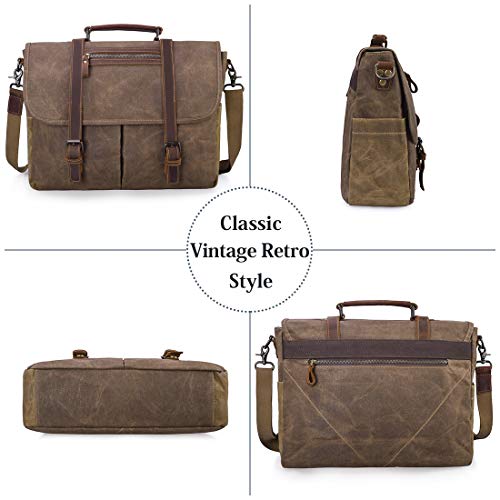 NUBILY Mens Laptop Messenger Bag Waterproof Computer Leather Satchel Briefcases Vintage Canvas Shoulder Bag Large Work Bag 15.6 inch (Brown)