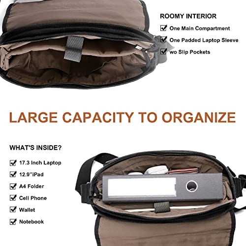 Estarer Laptop Messenger Shoulder Bag 17.3 Inch Mens Water Resistant Canvas Satchel Briefcase for Work Office(Dark Grey)