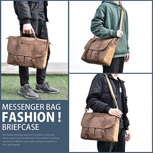 NUBILY Mens Laptop Messenger Bag Waterproof Computer Leather Satchel Briefcases Vintage Canvas Shoulder Bag Large Work Bag 15.6 inch (Brown)